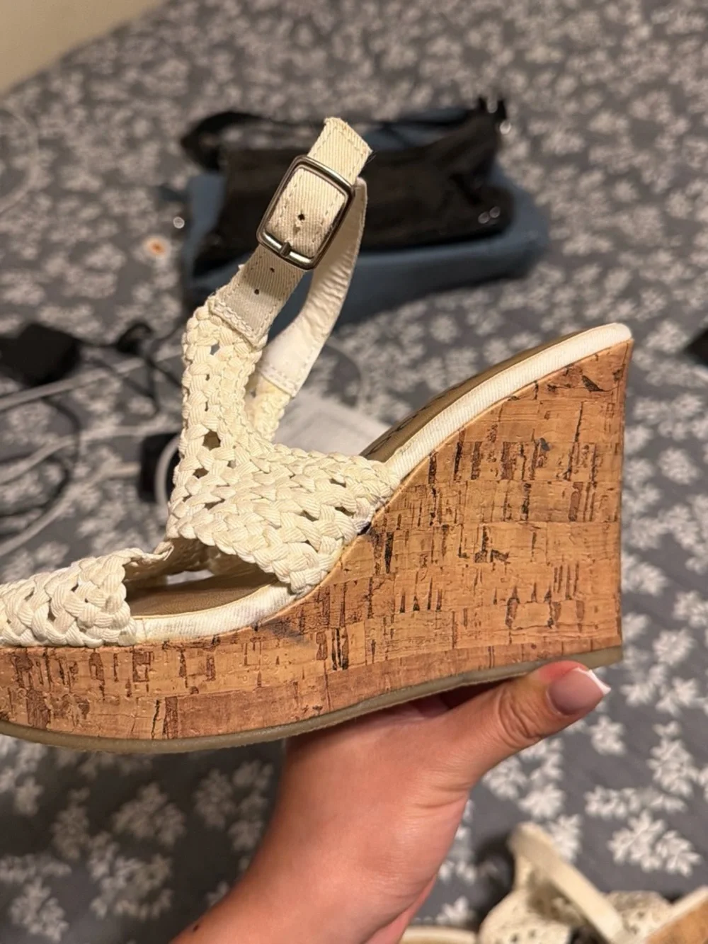 Y2k Mudd Cream Woven Cork Wedge Sandals